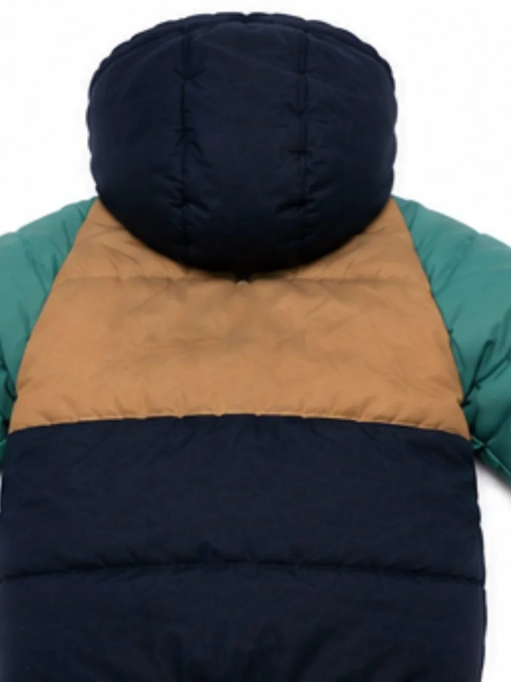 H&M Baby Color Block Hooded Puffer Winter Jacket Navy Teal Tan – Size 12–18 Mont